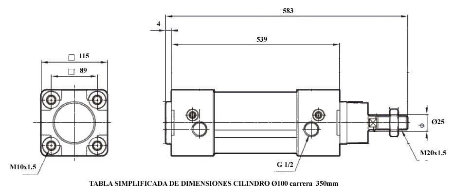 Dimensiones cilindro neumático diámetro 100x350